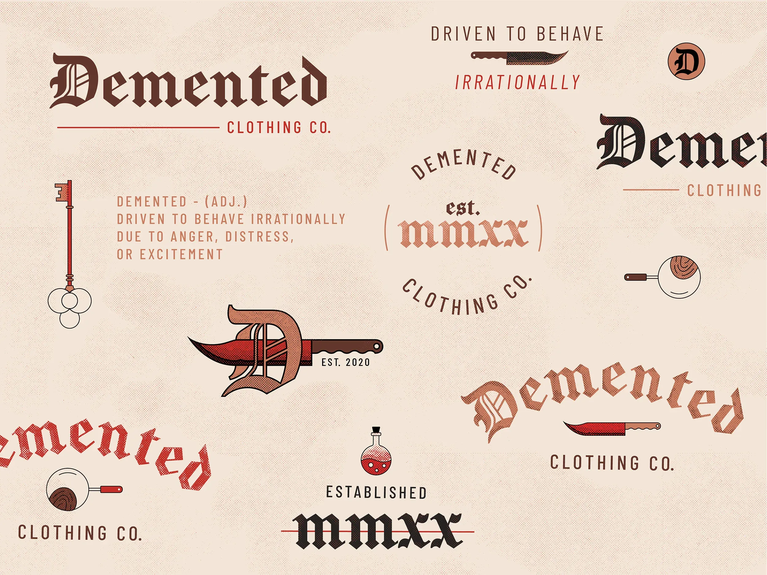 The Demented logo suite, seals and illustrations