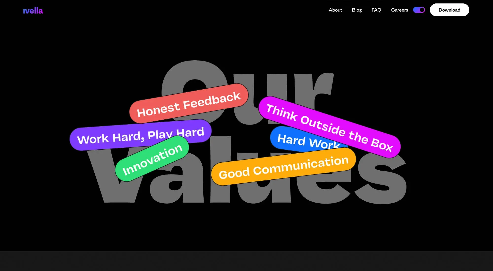 The company values section of the Ivella careers page