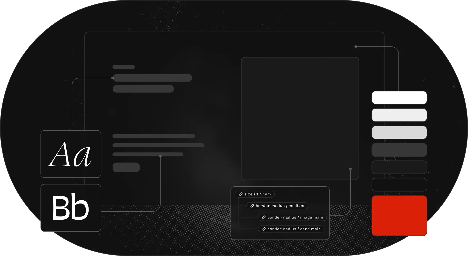 A website being assembled from its design system — type specimens, color swatches and spacing notes wired into the page they build.