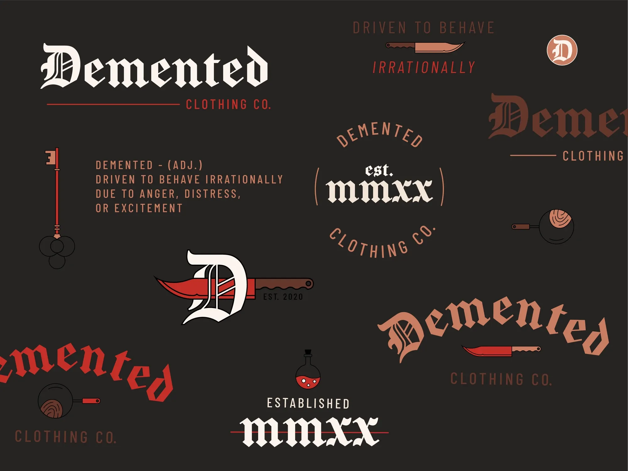 The Demented logo suite, seals and illustrations