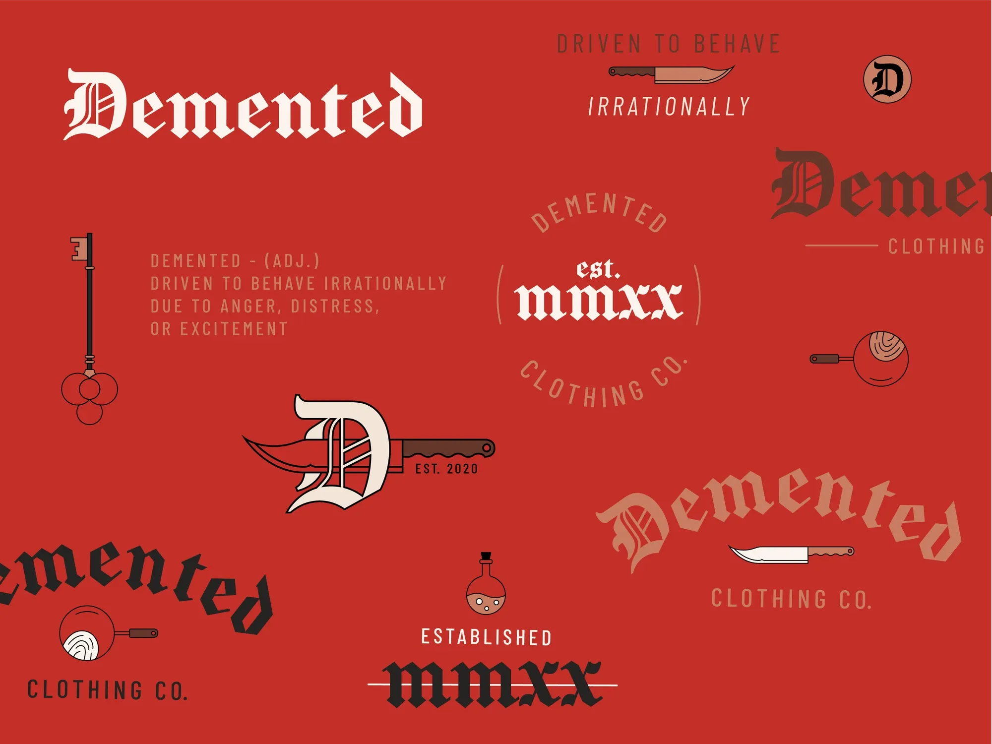 The Demented logo suite, seals and illustrations
