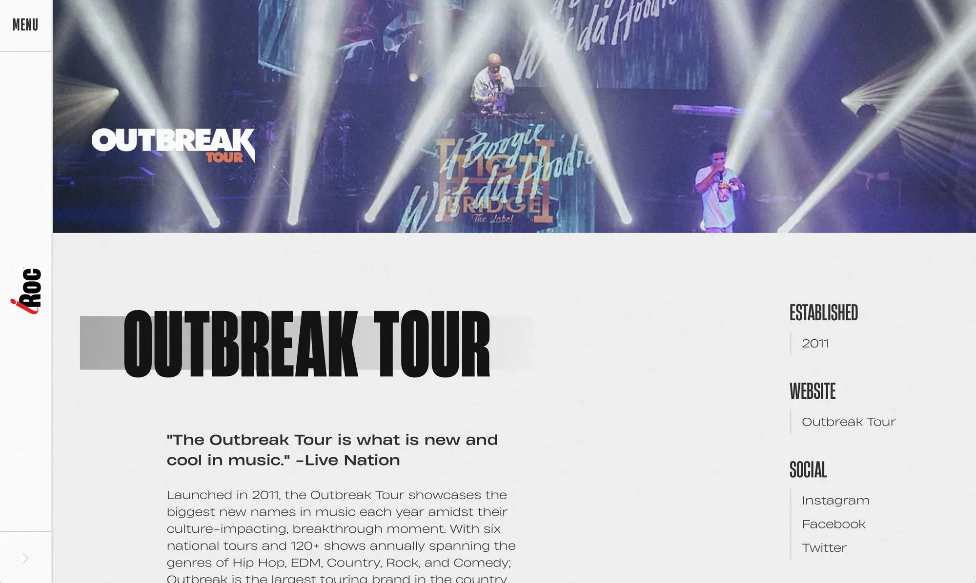 The Outbreak Tour page of the IdolRoc website