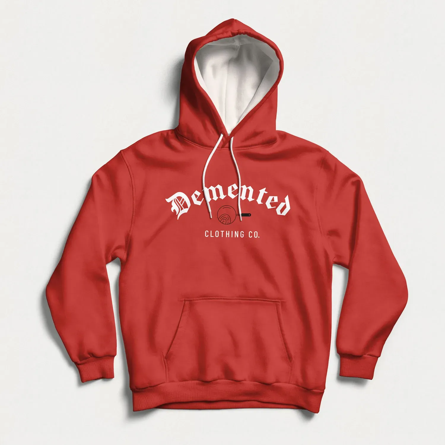 A red Demented hoodie with the curved logo