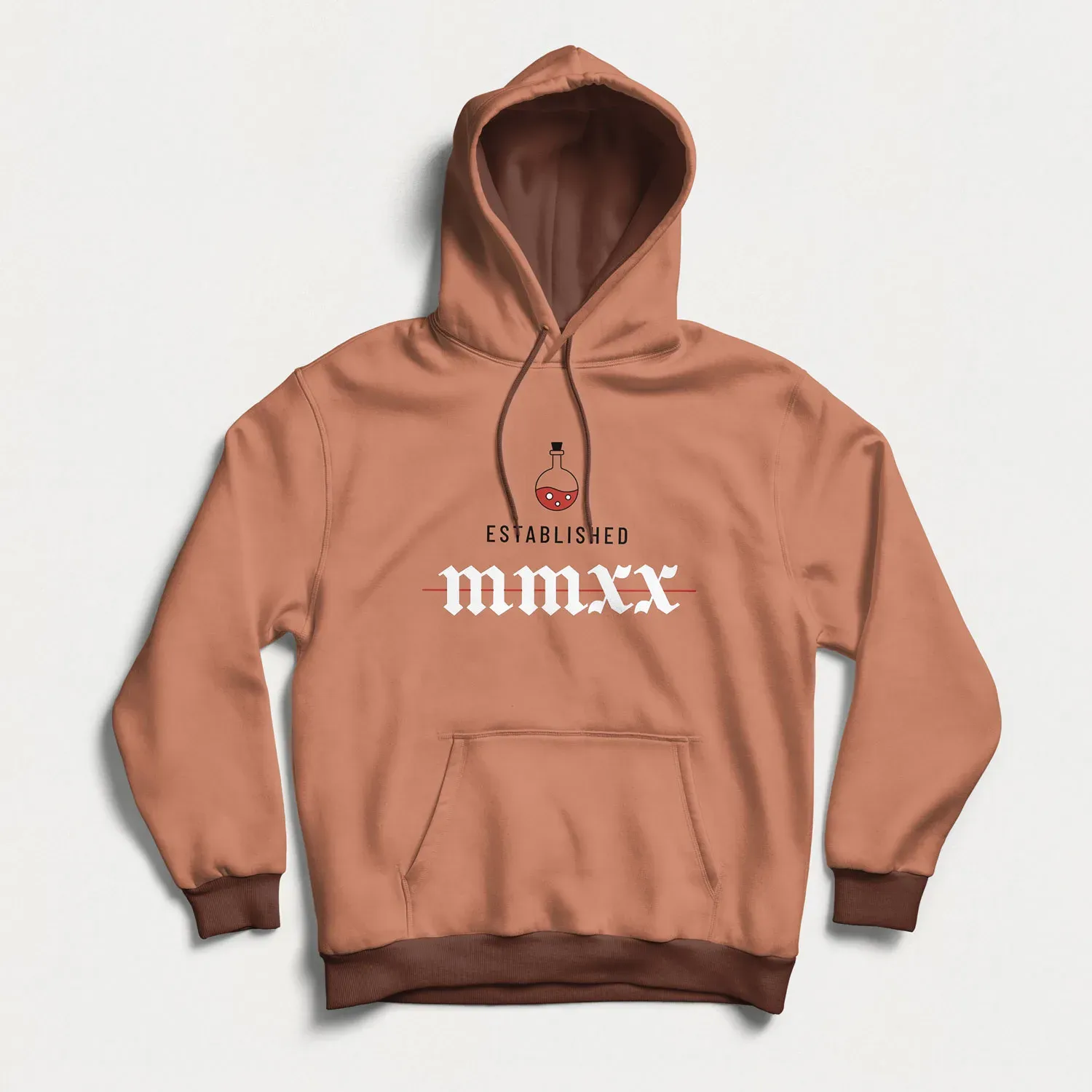 A tan Demented hoodie with the Established MMXX seal