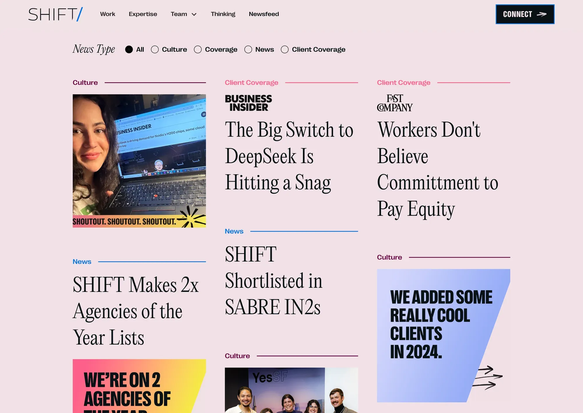 The filterable news feed on the Shift website
