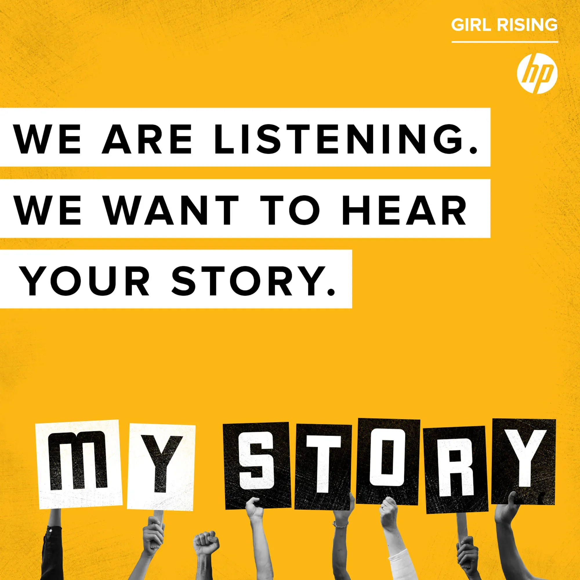 A social media post reading “We are listening, we want to hear your story”